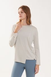 Cielcoco CLWT8098 Asymmetric Long Sleeve Rayon Slit Activewear Workout T Shirt _ SILVER BEIGE_ Made in Korea
